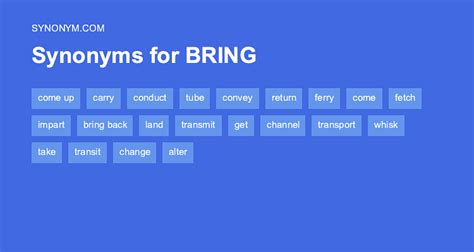 389 synonyms for bring take, carry, bear, transfer, deliver, transport, import, convey, fetch, take, lead. . Brings synonym